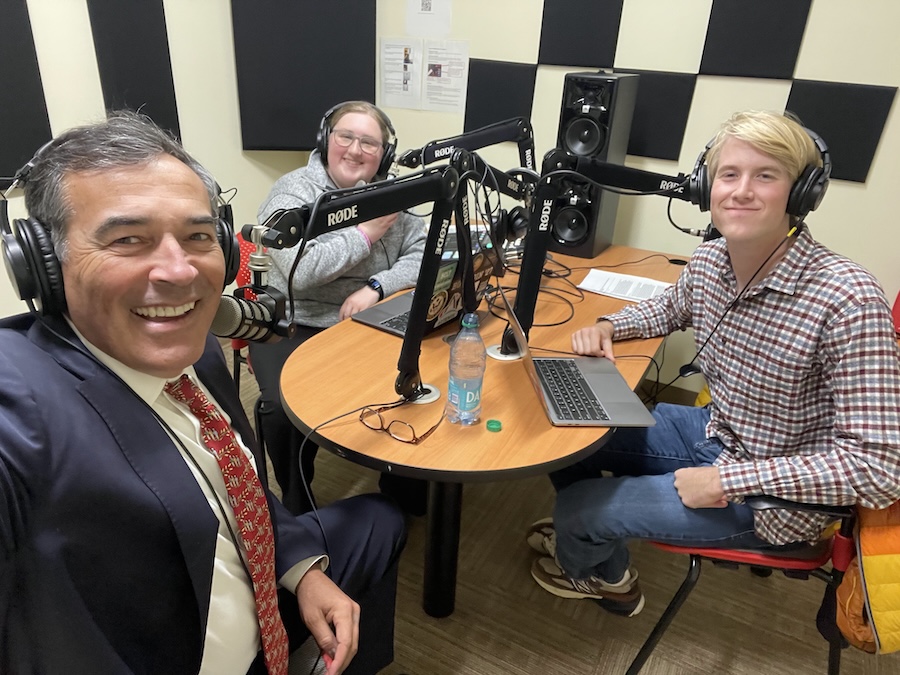 Natalie and Larson with a candidate in the Bowdoin studio