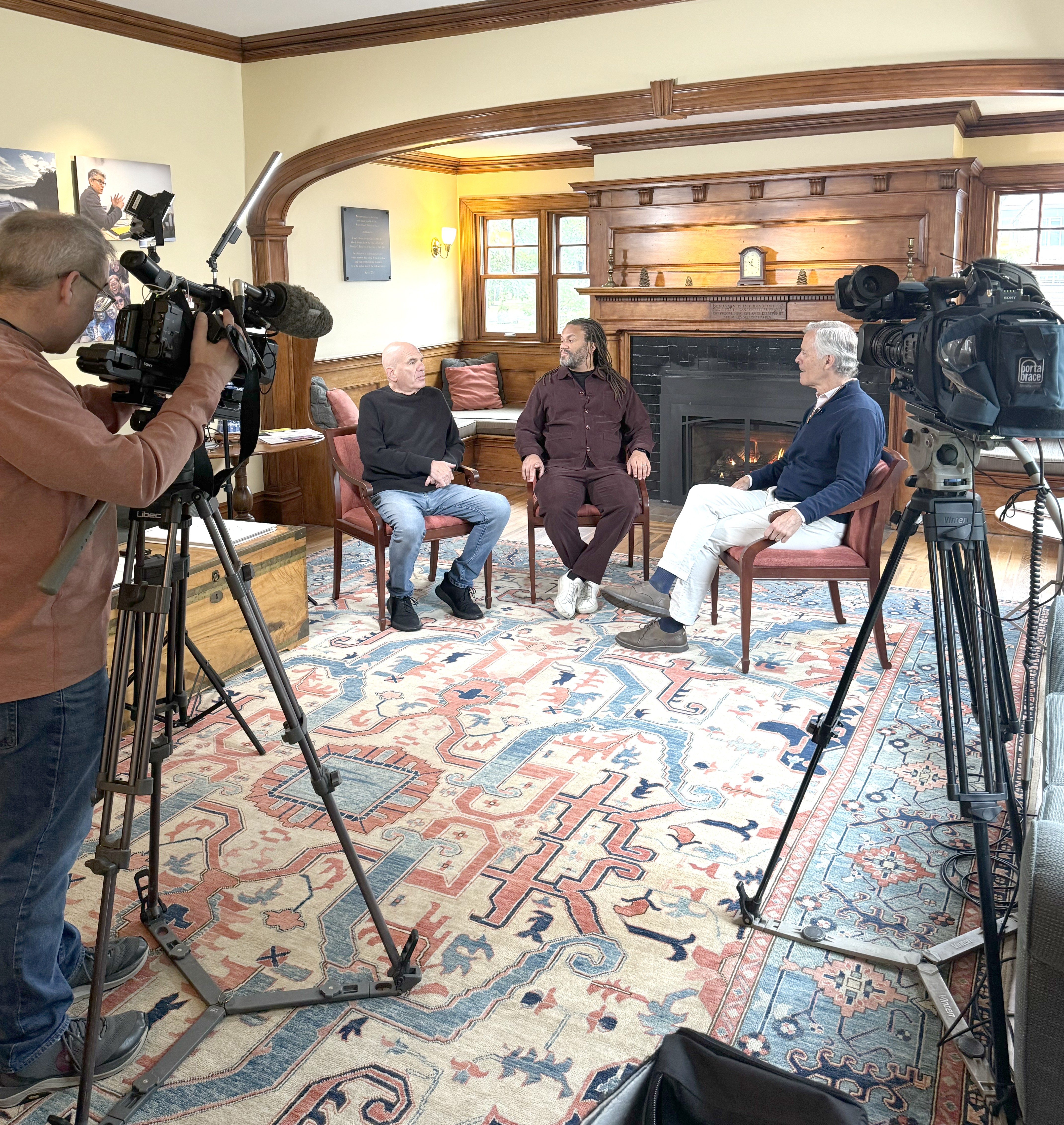 David Simon and Franklin Leonard interviewed by Rob Caldwell, host of the WCSH newsmagazine 207, in the admissions buiiding. 