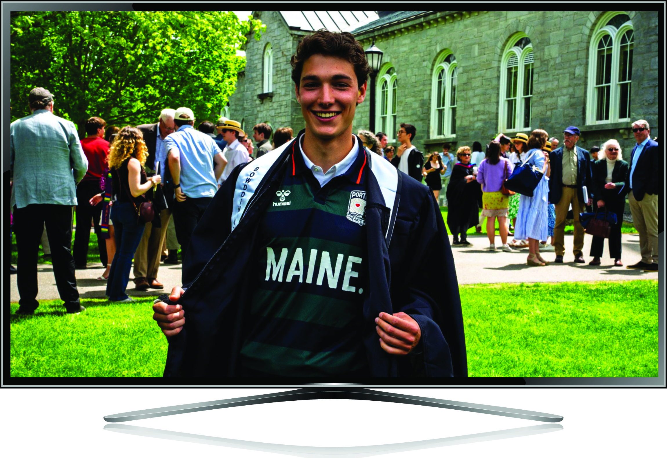 Tyler Huck on TV screen with graduation gown over Hearts of Pine kit