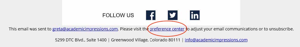 Red circle indicates link to Preference Center at the bottom of an academic impression email