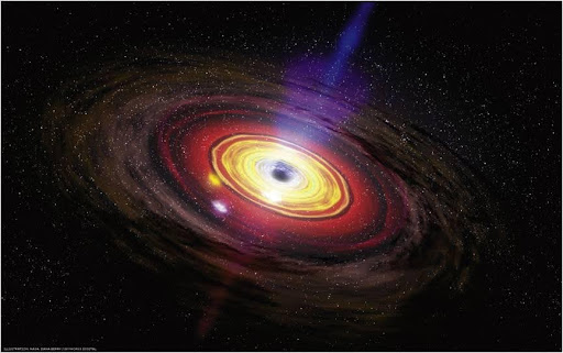 An illustration of an active galactic nucleus with an accretion disk and a high-energy jet along its rotation axis.