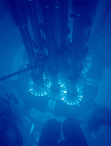 The blue glow of Cherenkov radiation in the Advanced Test Reactor at the Idaho National Laboratory.