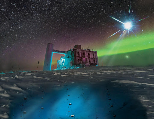 A photo of the above-ground IceCube Lab and an illustration of its optical sensor array in the ice at the South Pole. Credit: IceCube/NSF.