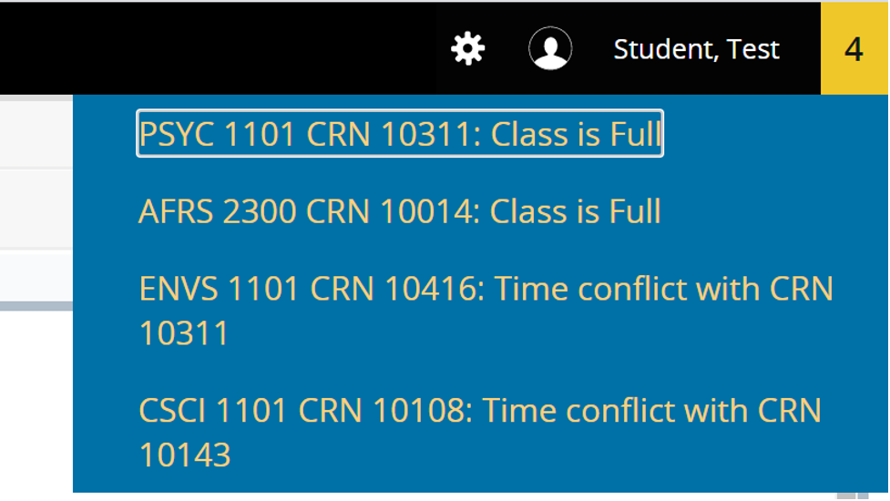Screenshot of what you will see in the upper right corner of the screen. Example - PSYC 1101 CRN 10311: Class is Full