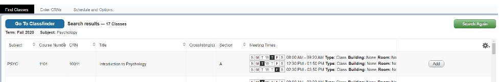 picture of the "Find Classes" tab, what you see when you type a search term and press ENTER. 