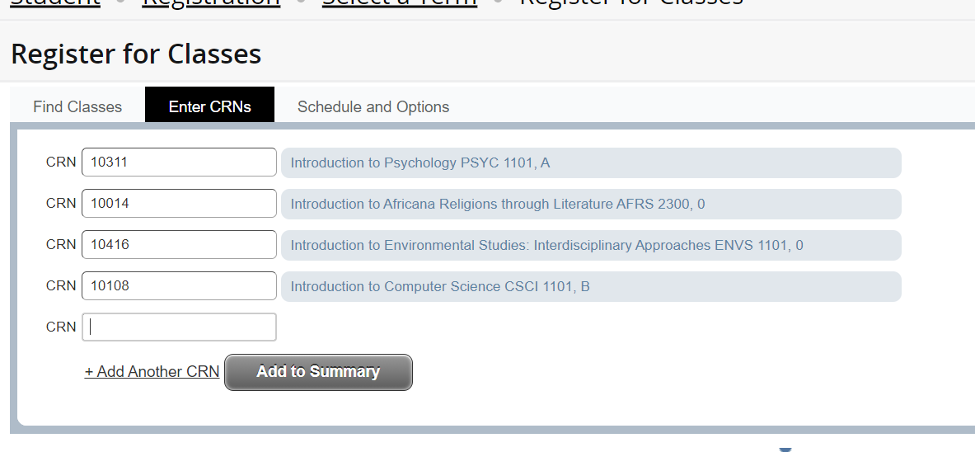 picture of Register for Classes screenshot