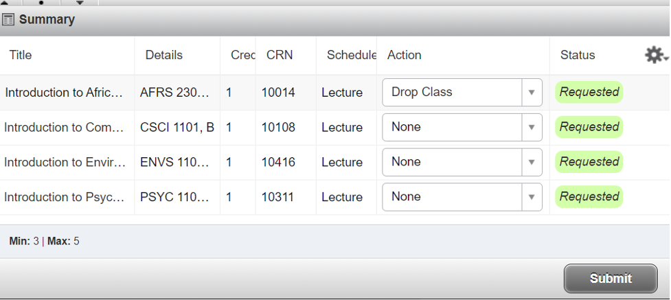 Screenshot of using the drop down button in the Action column to drop a course from the "summary" section