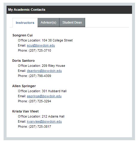 screenshot of academic contacts