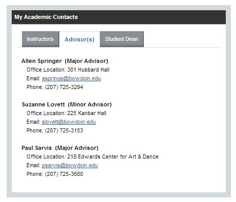 screenshot of academic contacts