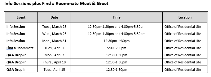 Info Sessions and Find a Roommate 2025