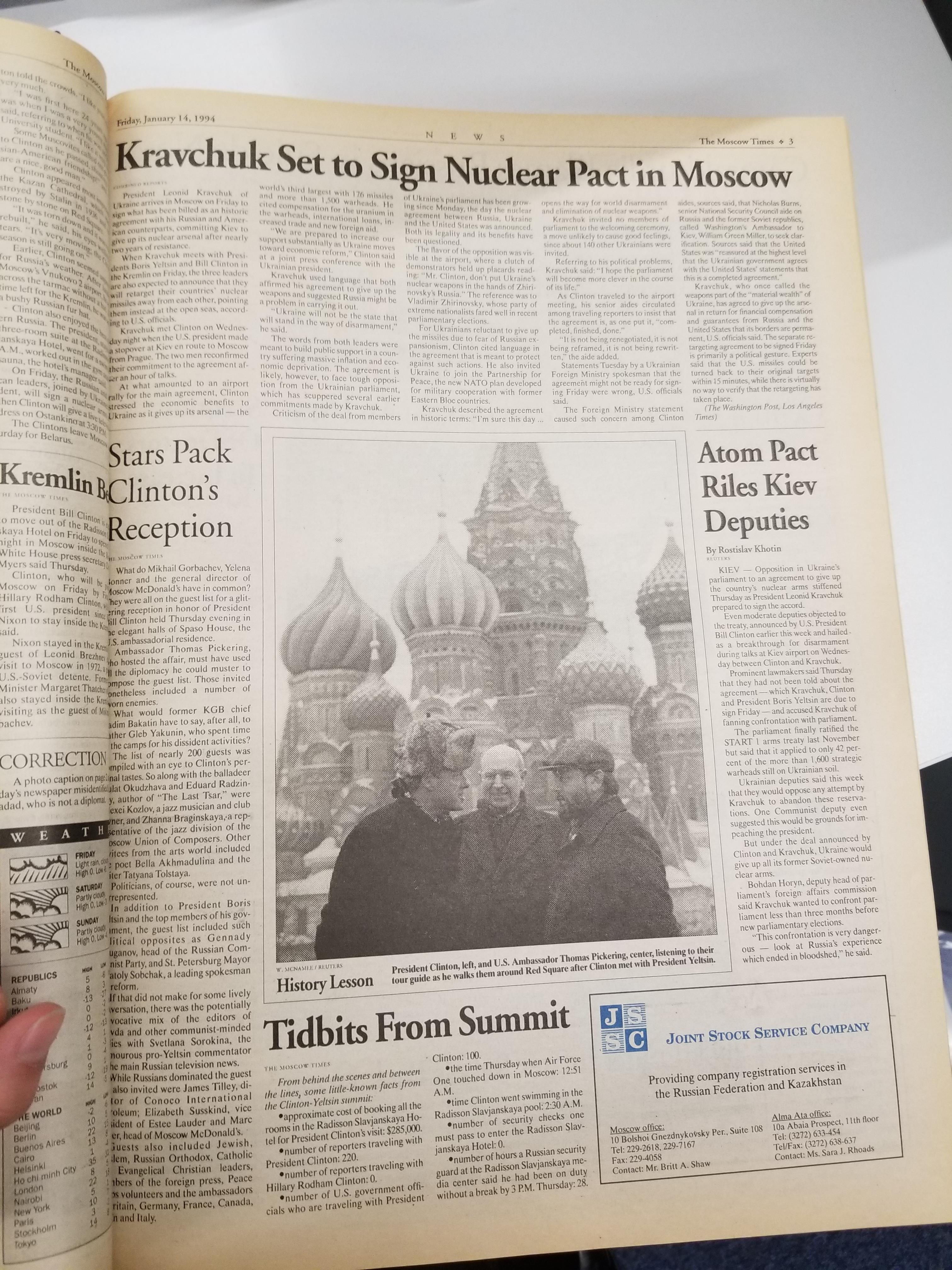 When Laura Howells was searching the paper's microfiche archives (it was founded in 1992), looking for early mentions of Vladimir Putin ("he was a nobody for a long time, and then all of a sudden he appeared," she said), she came across photos of Thomas Pickering ’53, H’84. Pickering was the U.S. ambassador for Russia from 1993 to 1996. 