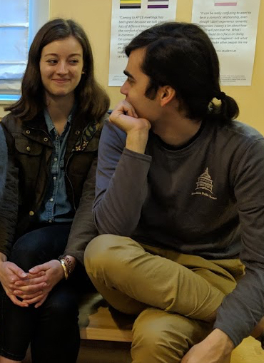 Laura Howells '20 and Artur Kalandarov '20 chat together at the Russian Department's spring party in 2019