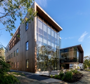 Exterior of the southwest corner of the Roux Center