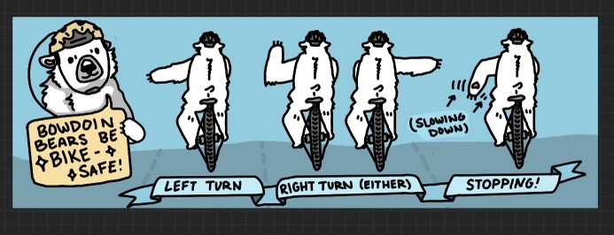 A cartoon of hand signals for bicycling. 