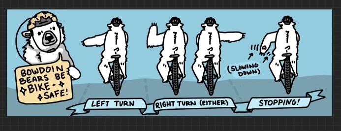 A cartoon of hand signals for bicycling.