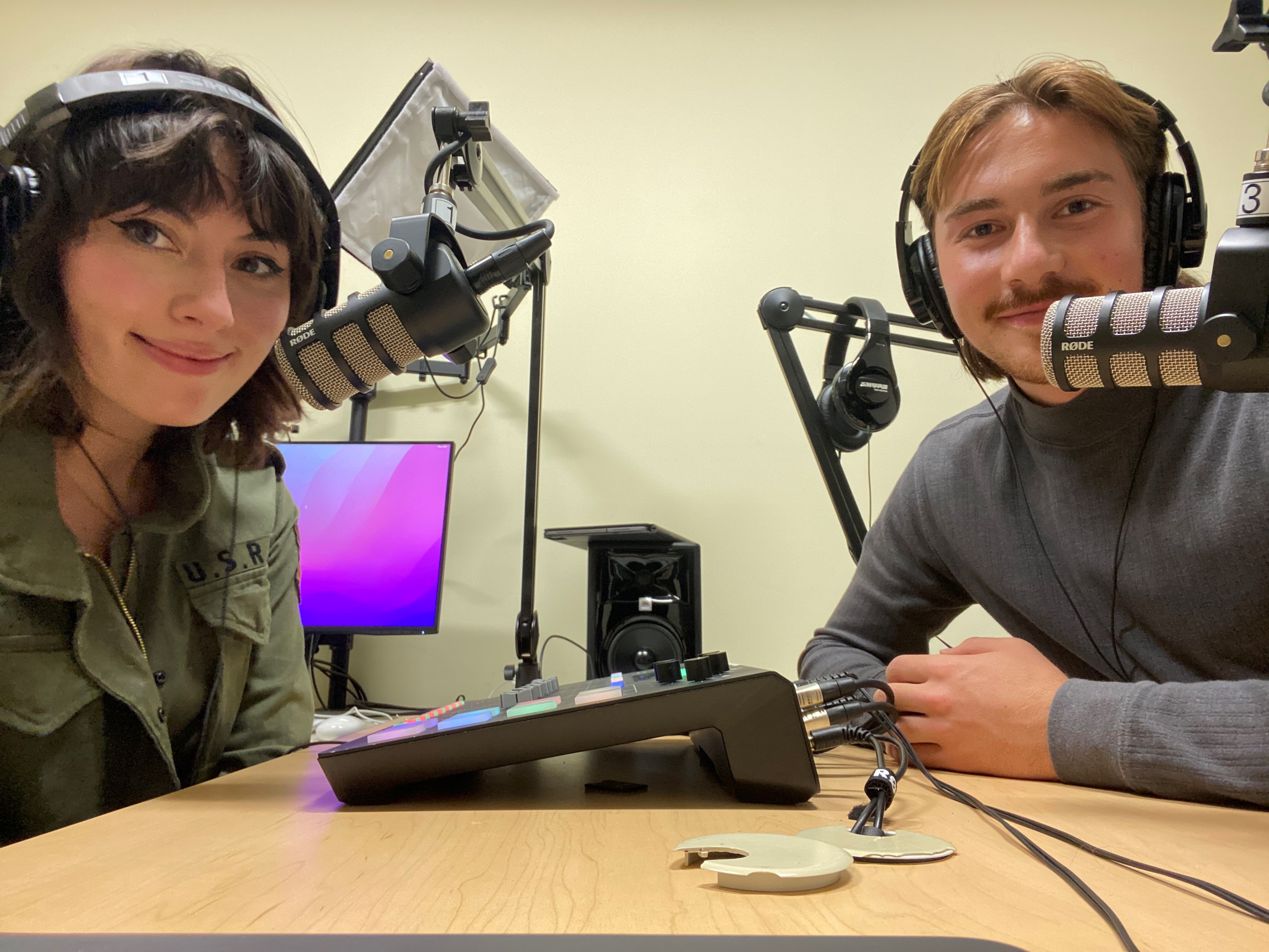 Fall 2022 Green Tea hosts Chloë and Nick, ready to record in the HL Media Commons.