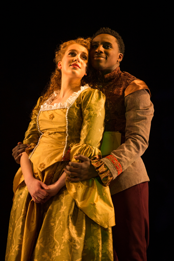 Photo of two student actors in classical costumes. 
