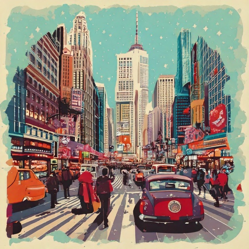 Times Square in 1950s illustration.