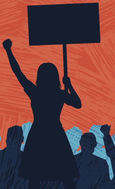 Silhouette of protesting woman holding up sign and fist raised.
