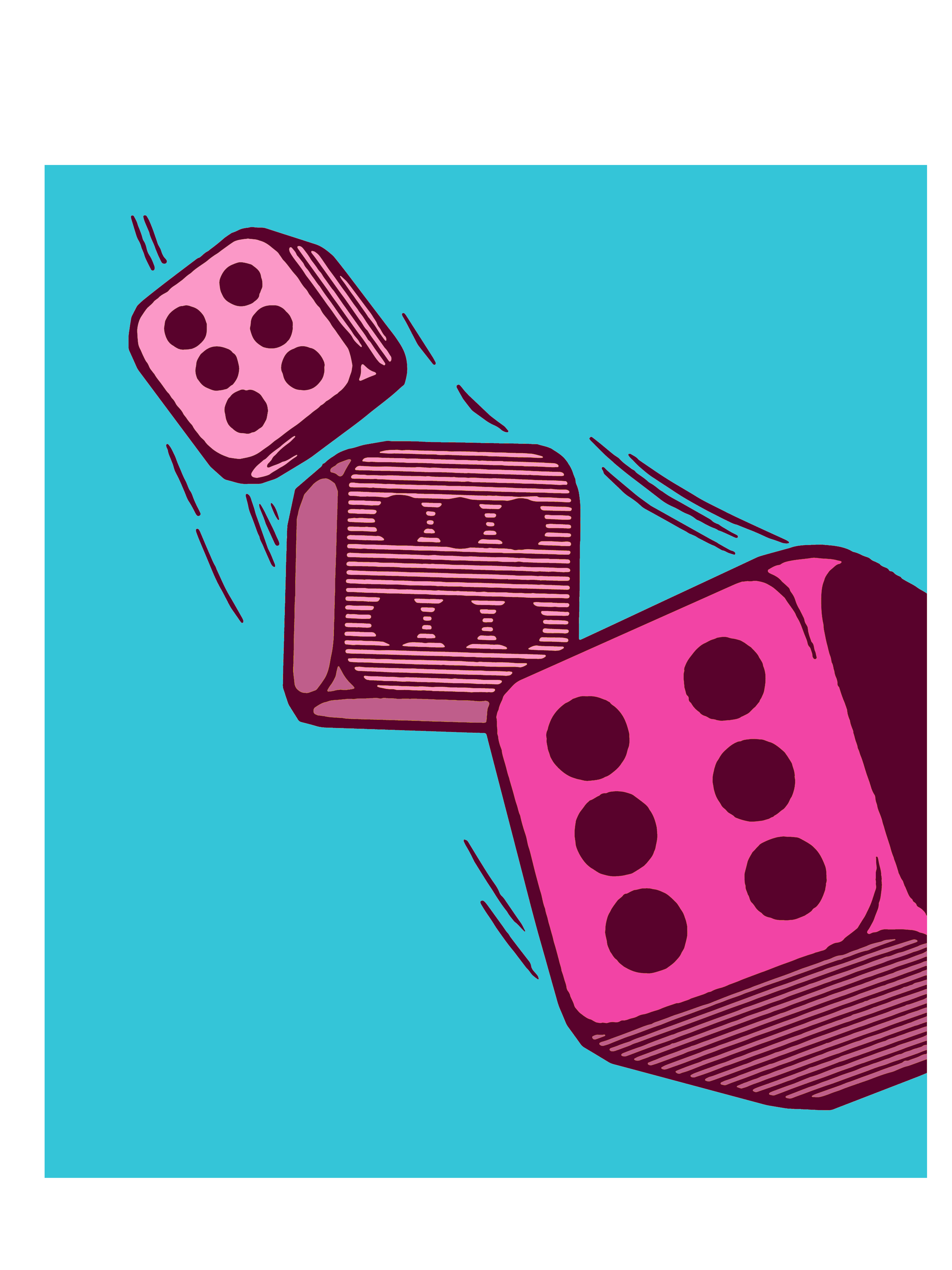 Large pink dice rolling against a blue background.