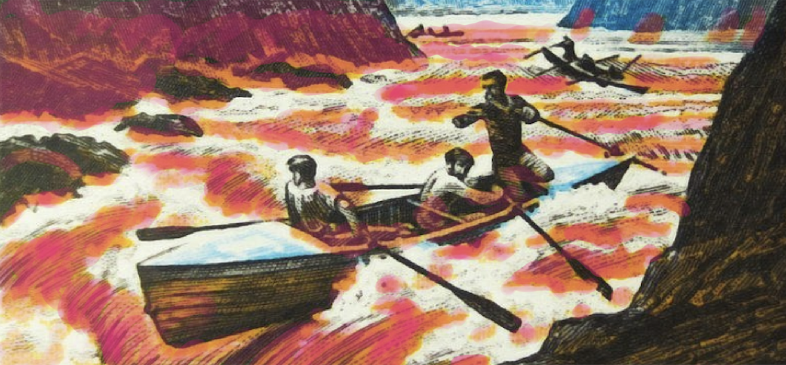 Illustration of men rowing boat through rapids in a canyon.