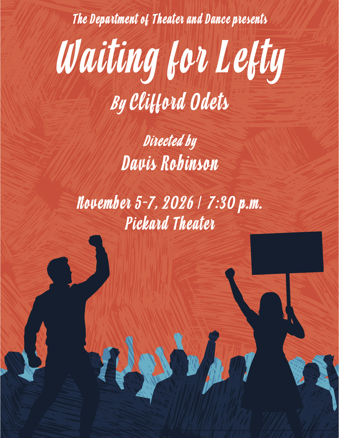 silhouettes carrying signs and fists raised in the air.