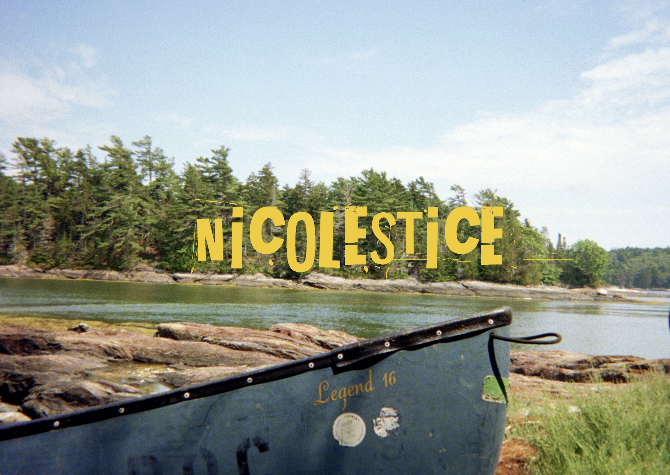 Poster image showing rustic boat on Maine coast, with forest behind the water.