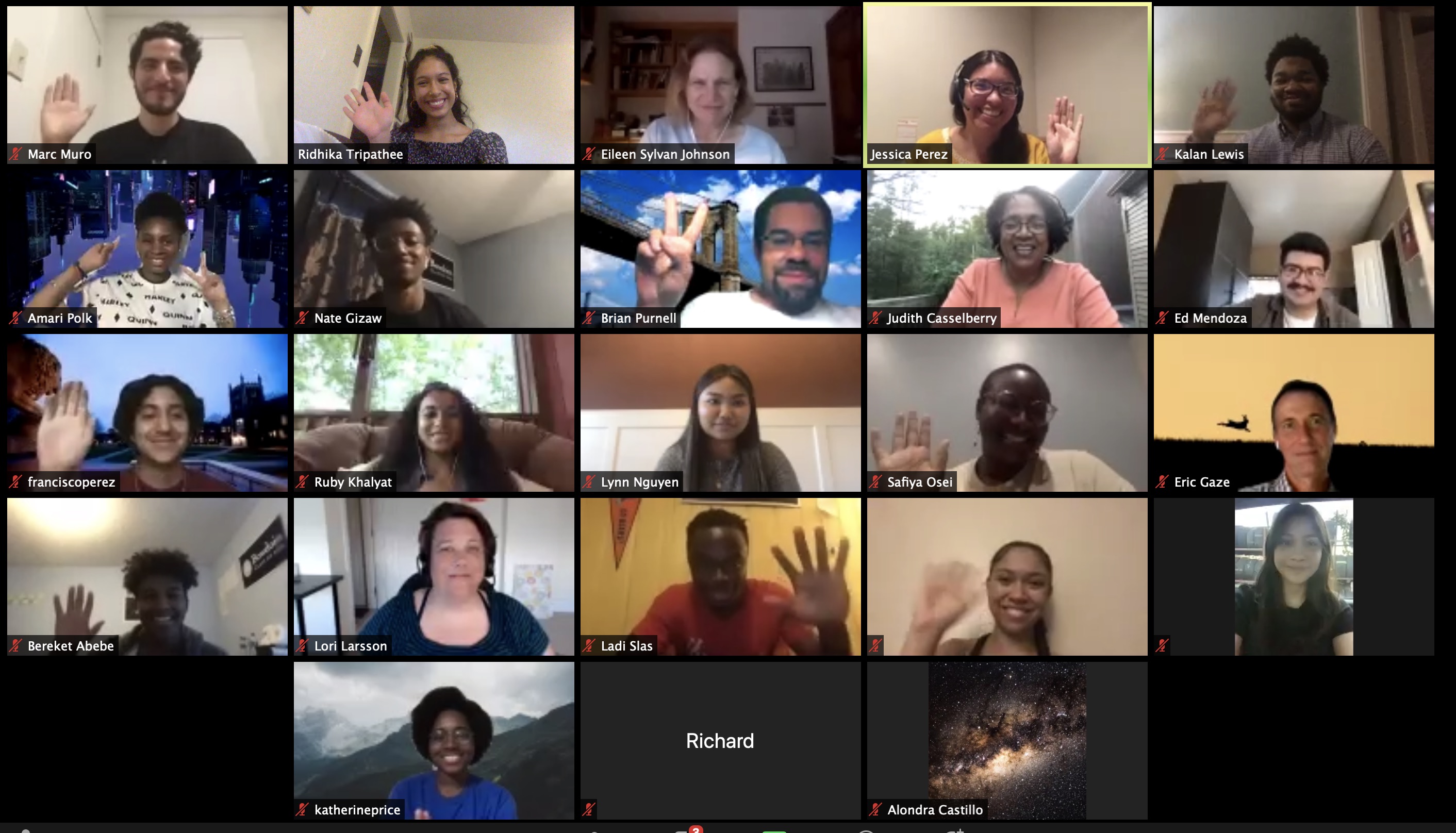 GCS students, faculty, and staff celebrating the end of the summer institute through zoom waving for a picture.