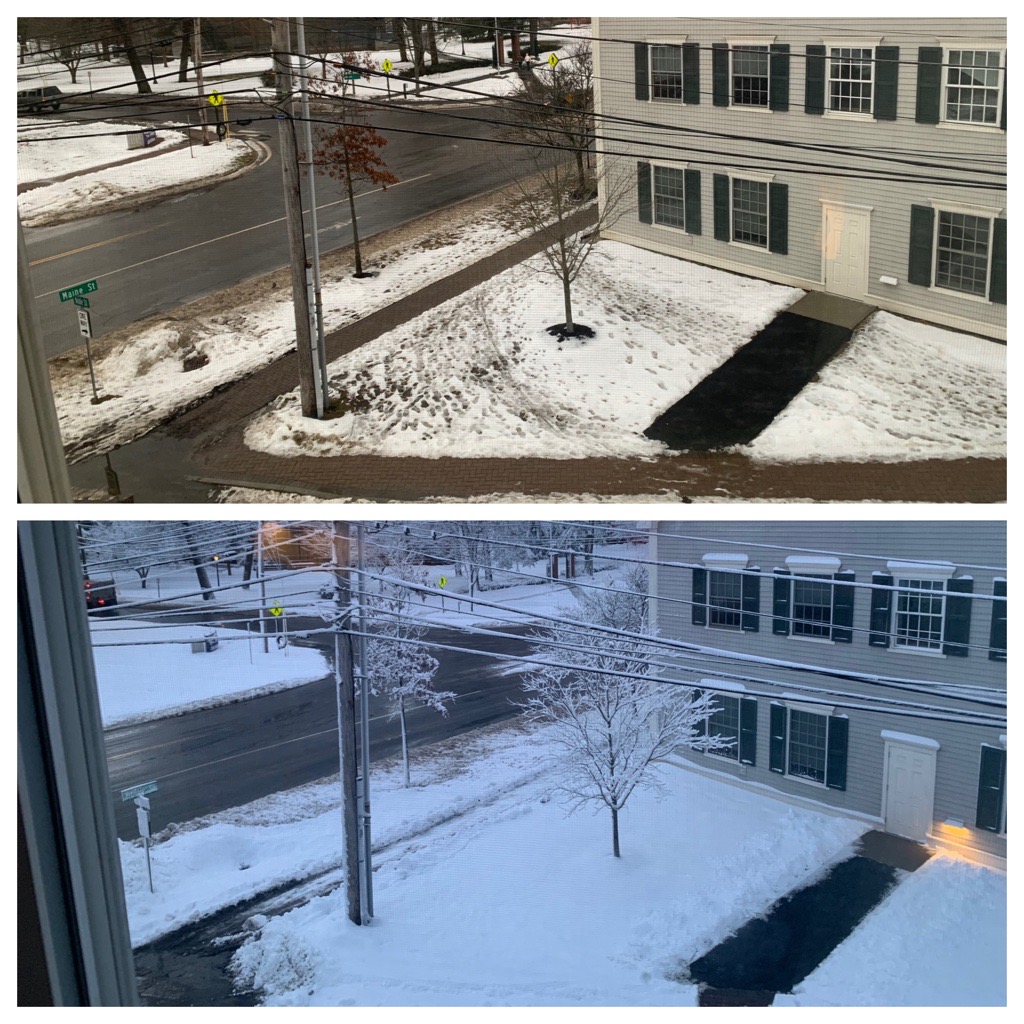 before and after snow on Bowdoin's campus