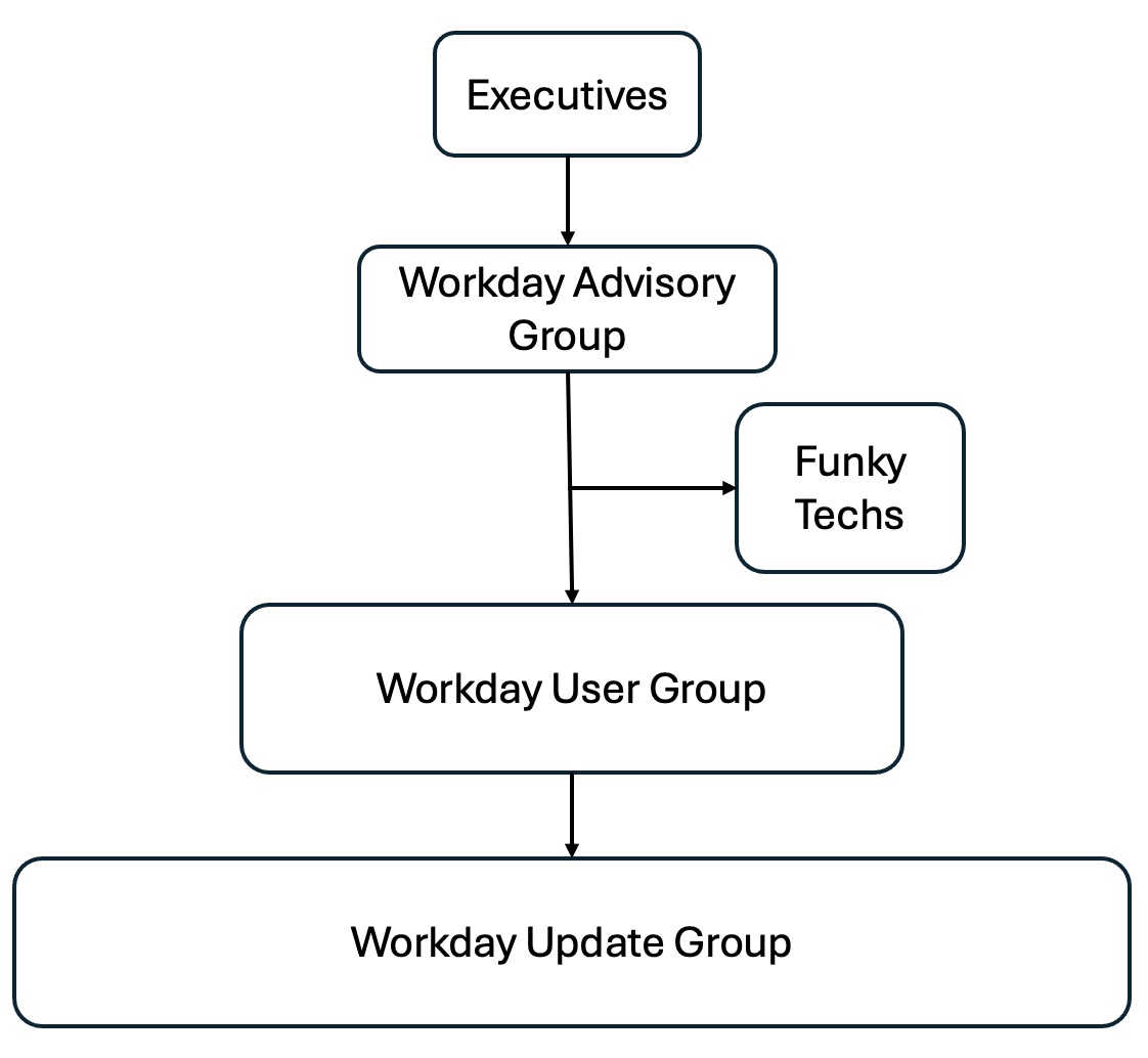 Workday governance flow chart, showing Executives at the top, followed by the Workday Advisory Group with a line to Funky Techs. Directly down from Workday Advisory Group is the Workday User Group, and Workday Updates at the bottom of the list.